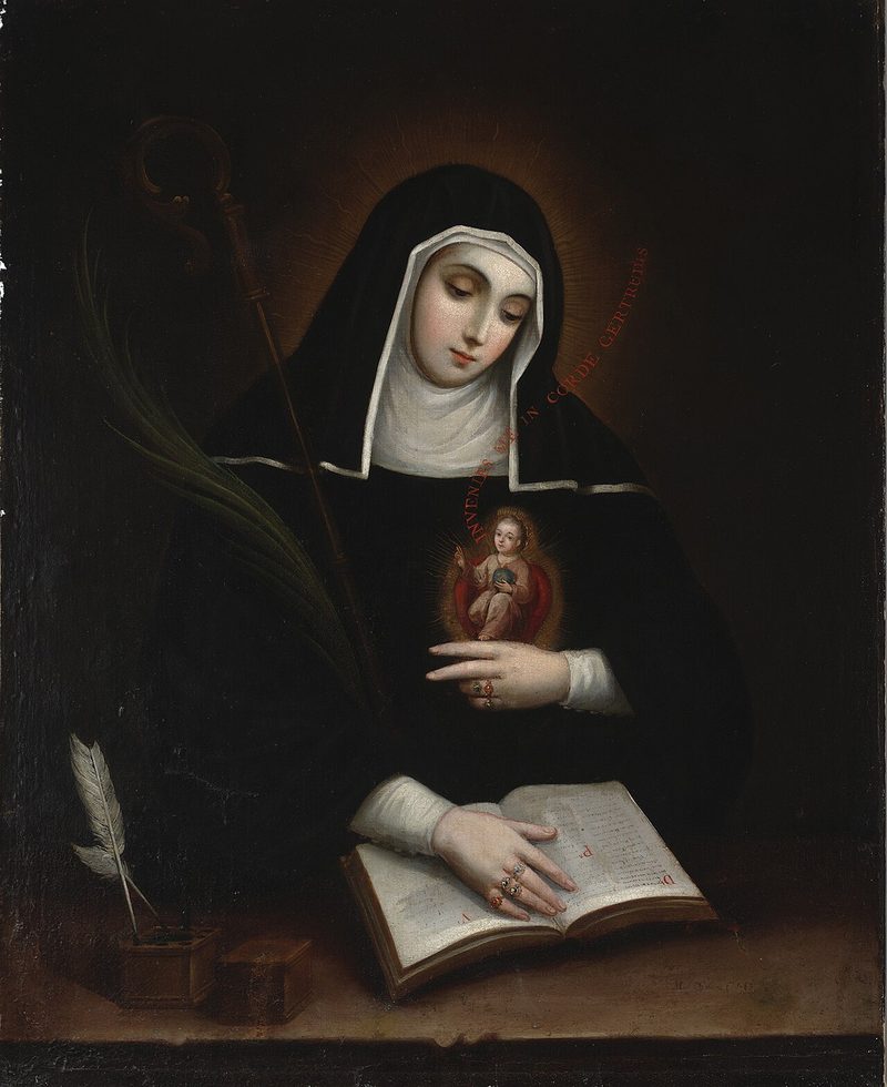 Painting of St. Gertrude in a black habit, an image of the Child Jesus on her heart, reading a book.