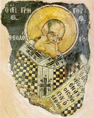 Damaged fresco of St. Gregory Nazianzen, bearded, in bishop’s vestments, holding a scroll.