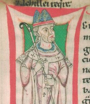 Medieval manuscript drawing of Pope St. Gregory VII in a pointed miter, holding a crosier.