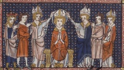 Medieval manuscript painting of a bishop being consecrated by other bishops.