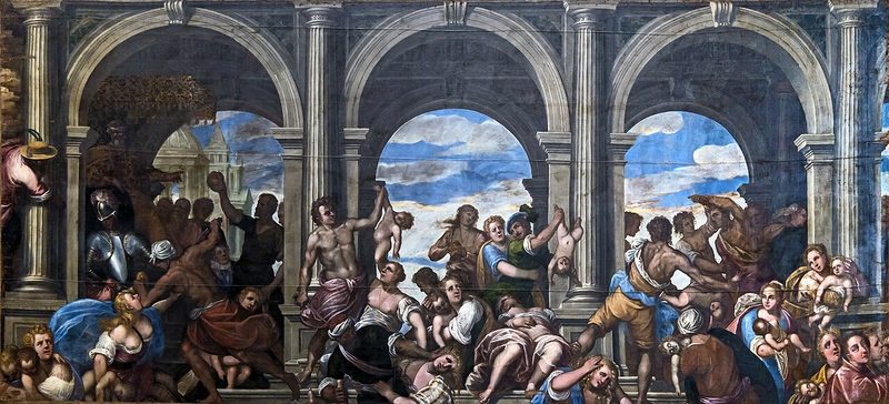 Painting of the Massacre of the Innocents: soldiers attacking mothers and babies beneath stone arches.