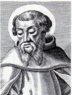 Engraving of St. Irenaeus, bearded, with a halo, looking down.