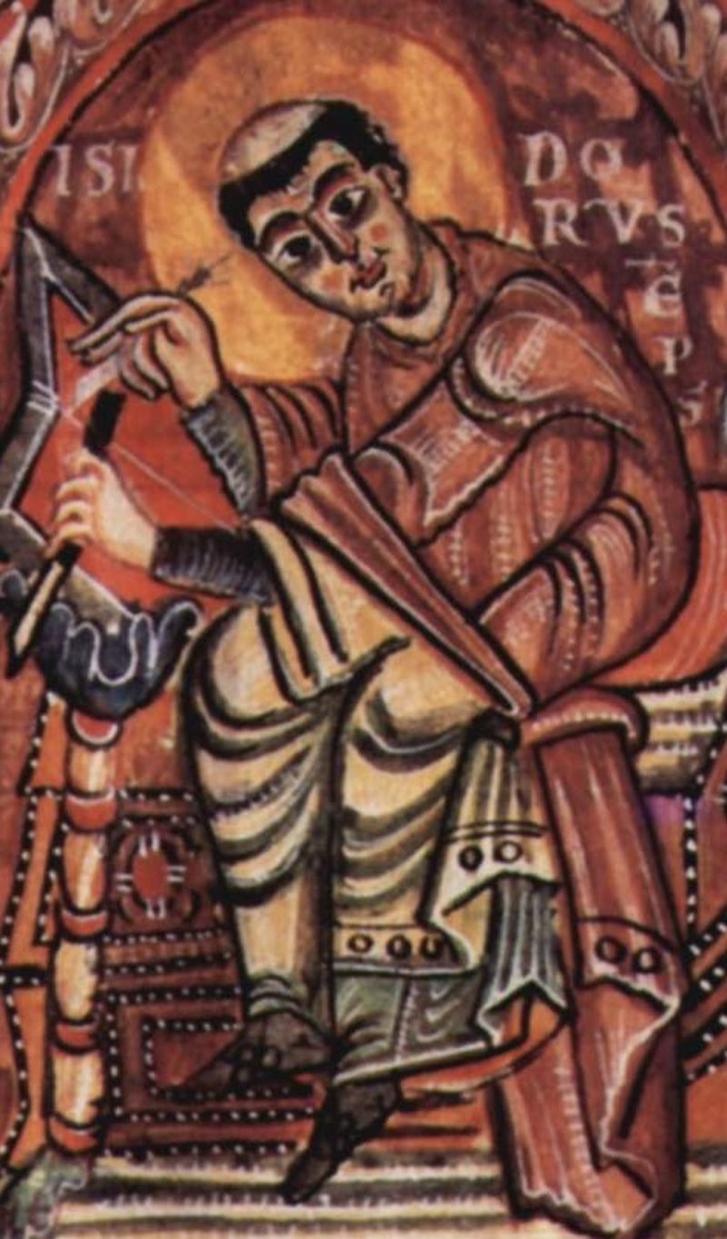 Medieval painting of St. Isidore of Seville seated, holding a pen.