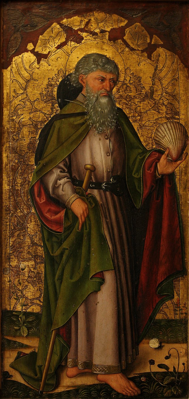 Painting of St. James the Greater on a gold background, holding a pilgrim’s staff and a scallop shell.