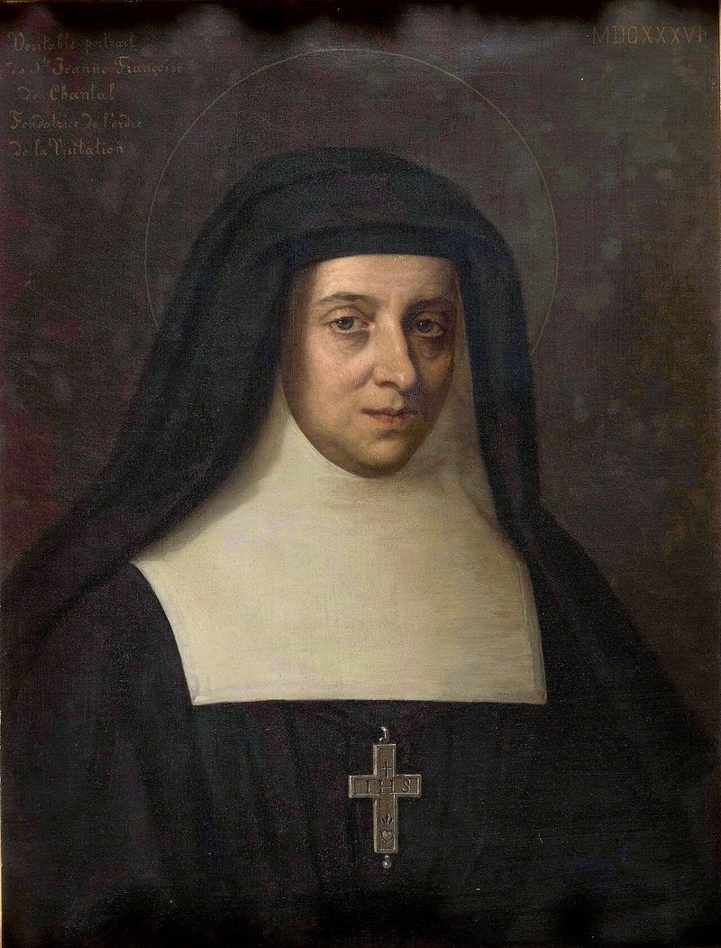 Portrait of St. Jane Frances de Chantal in a black veil and white wimple, a cross on her chest.