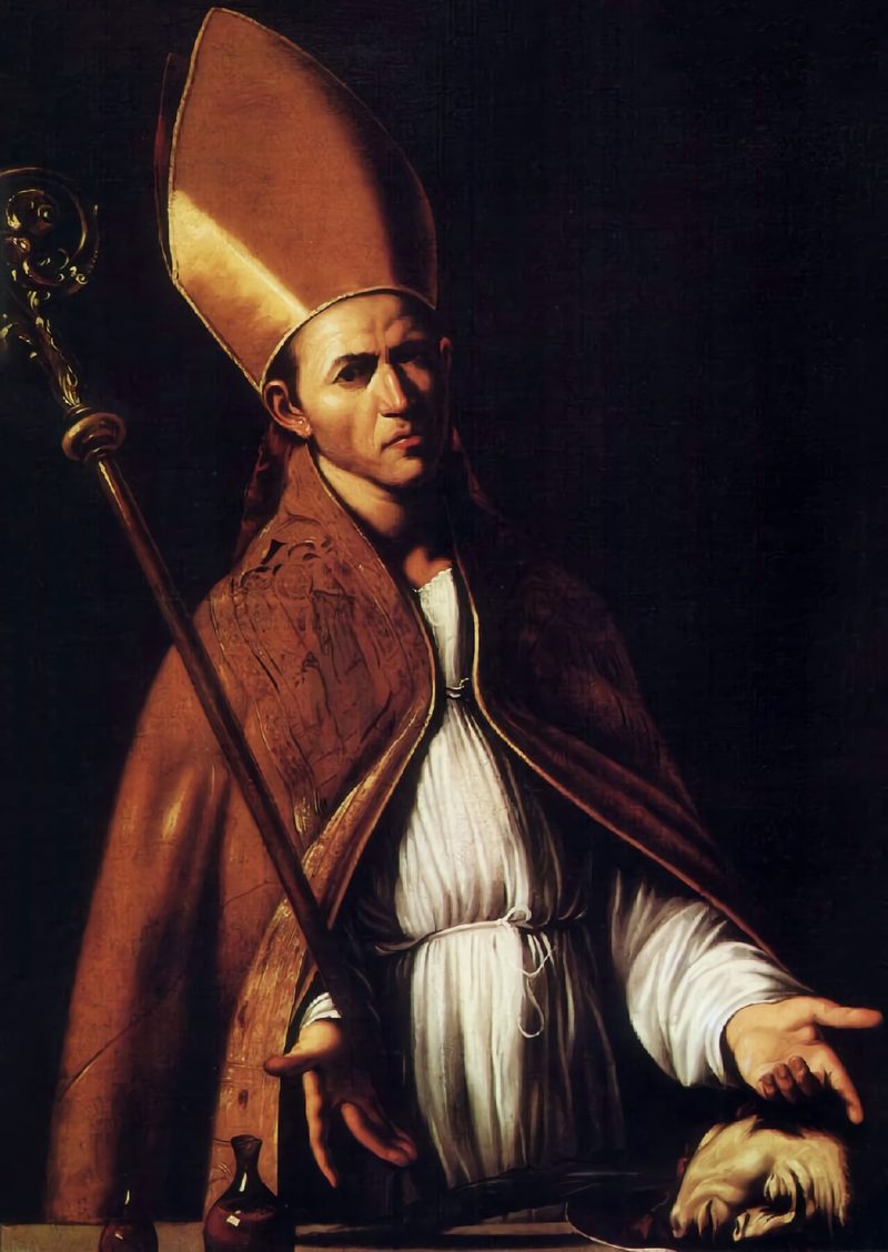 Painting of St. Januarius as a bishop in a white miter, holding a crosier.