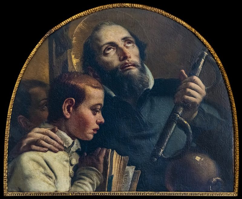 Painting of St. Jerome Emiliani looking upward, his arm around a young boy.