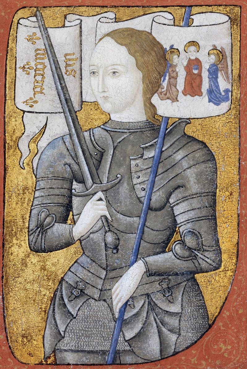 Medieval miniature of Joan of Arc in full armor, holding a sword and a white banner.