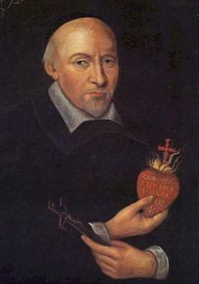 Portrait of St. John Eudes in black, holding a heart with a cross and flames.