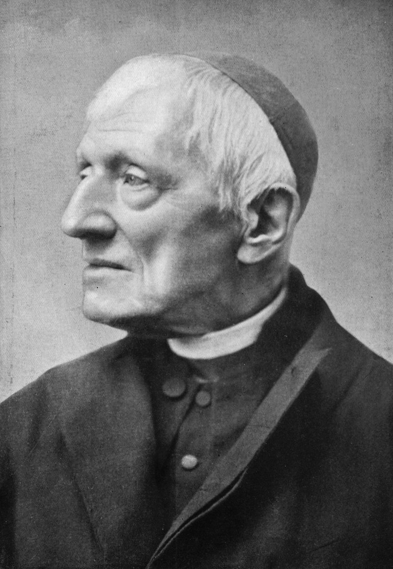 Black-and-white photograph of St. John Henry Newman in old age, in profile, wearing a skullcap.