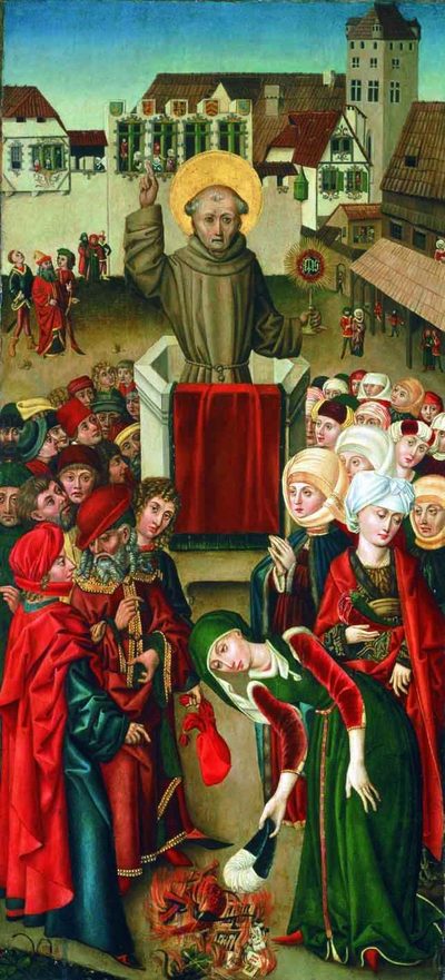 Painting of St. John of Capistrano preaching from a pulpit to a crowd in a town square.
