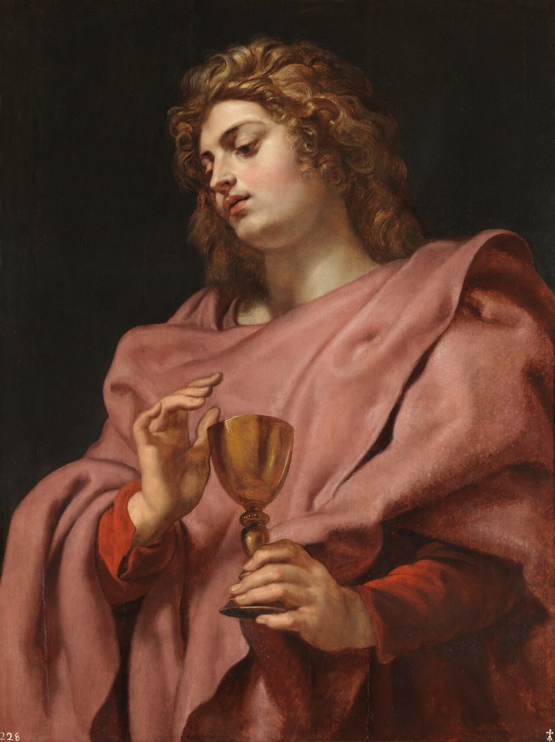 Painting of St. John the Apostle as a young man in a red cloak, holding a chalice.