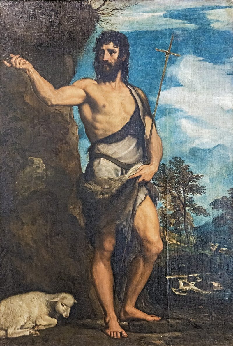 Painting of St. John the Baptist standing barefoot in the wilderness, pointing upward, a lamb at his feet.