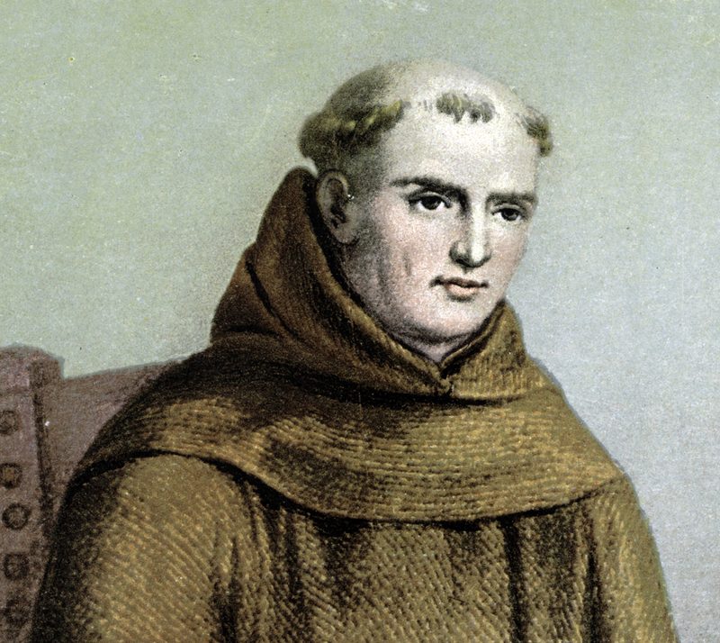 Portrait of St. Junípero Serra in a brown Franciscan habit and hood.