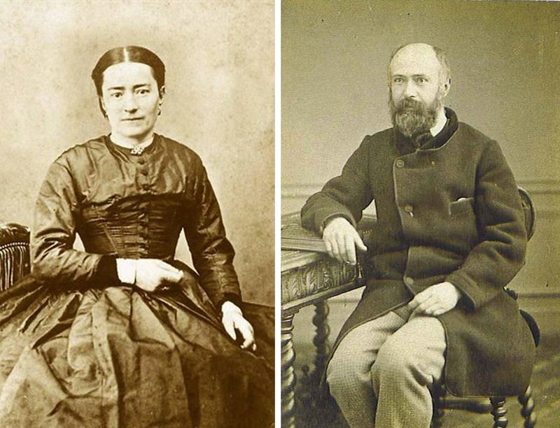 Two old photographs side by side: St. Zélie Martin seated in a dark dress and St. Louis Martin seated with a beard.