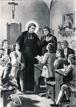 Engraving of St. Louis de Montfort teaching a group of children in a church.