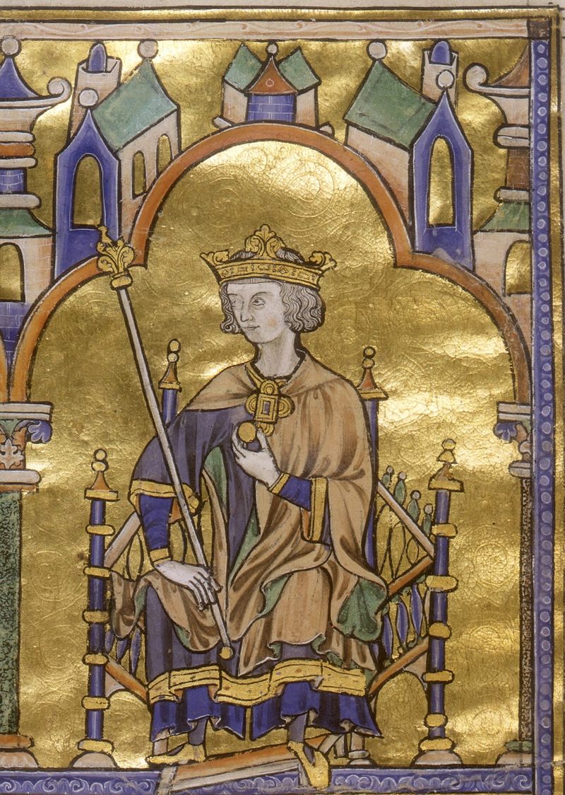 Medieval manuscript painting of St. Louis enthroned with a crown and scepter on a gold background.