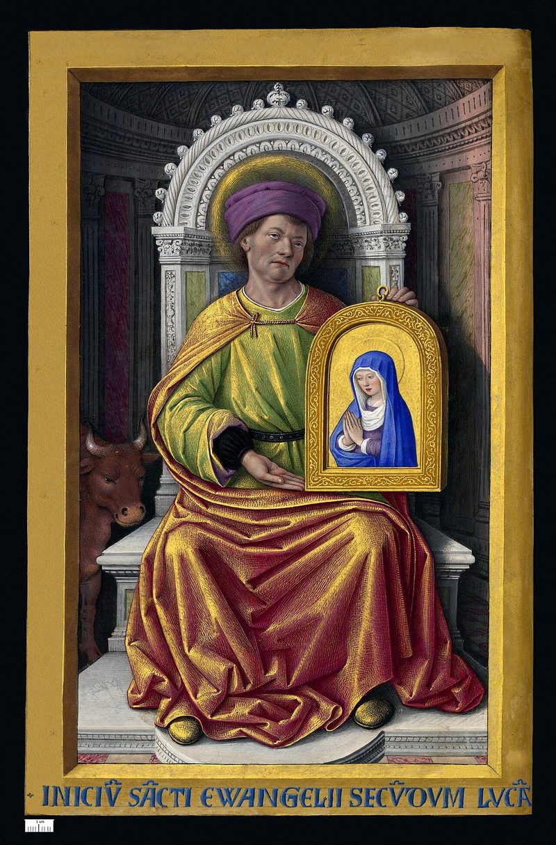 Manuscript painting of St. Luke enthroned, holding a small painting of the Virgin Mary, with an ox beside him.