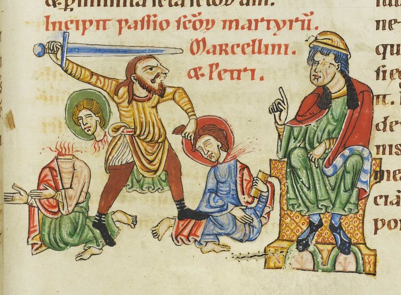 Medieval manuscript painting of the beheading of Sts. Marcellinus and Peter before a seated ruler.