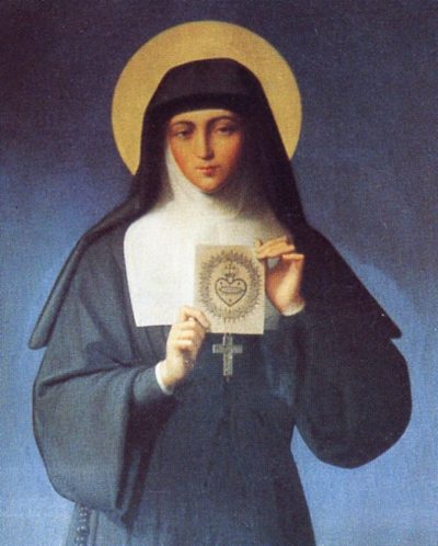Painting of St. Margaret Mary Alacoque in a black veil, holding an image of the Sacred Heart.