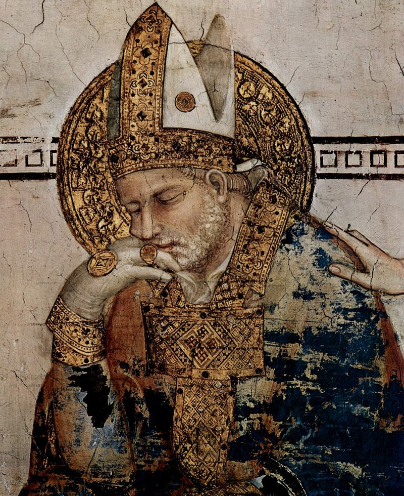 Fresco of St. Martin of Tours as a bishop in a miter, resting his chin on his hand.