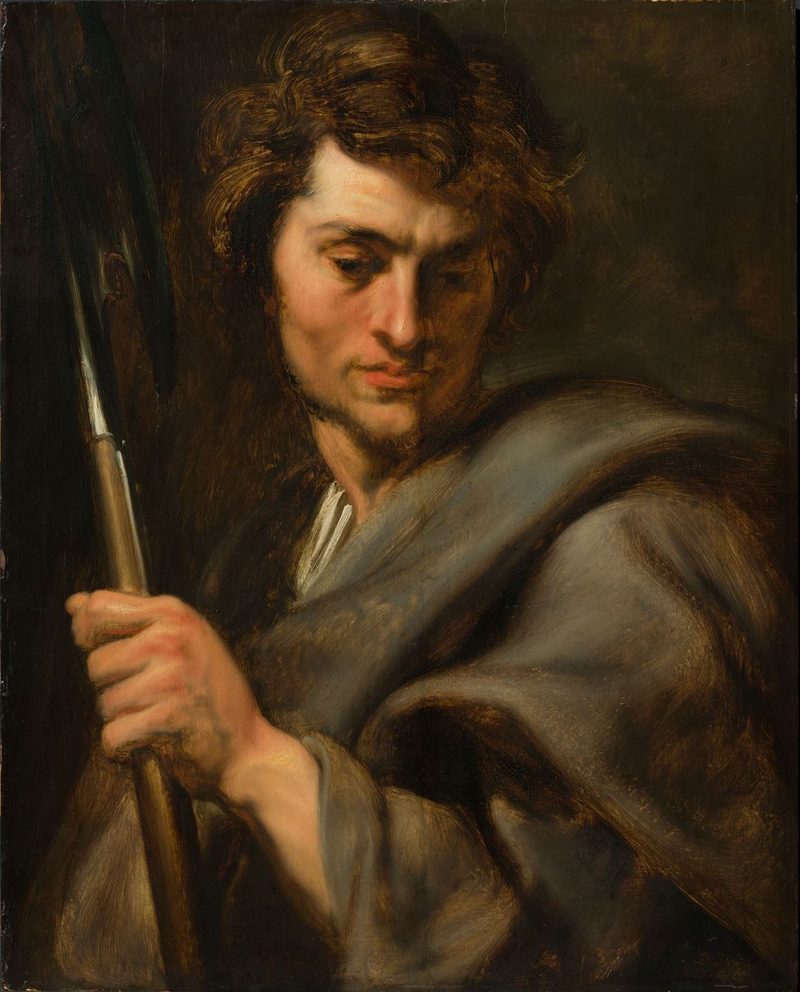 Painting of St. Matthew, a young man in a gray cloak, holding a pen.