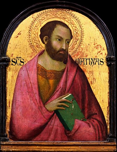 Medieval painting of St. Matthias in a red cloak on a gold background, holding a green book.