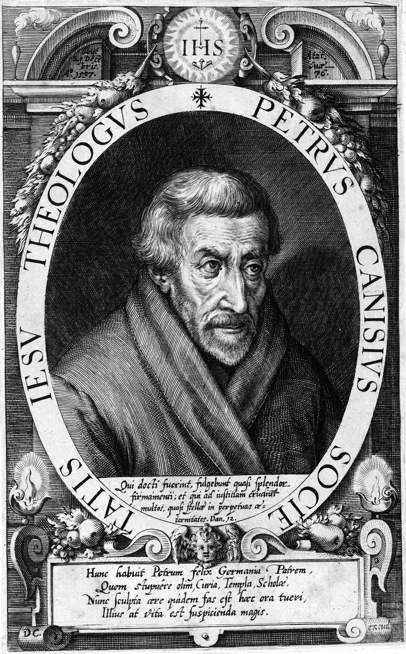 Engraved portrait of St. Peter Canisius in an oval frame with a Latin inscription.
