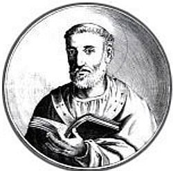 Engraved medallion of St. Peter Chrysologus reading a book.