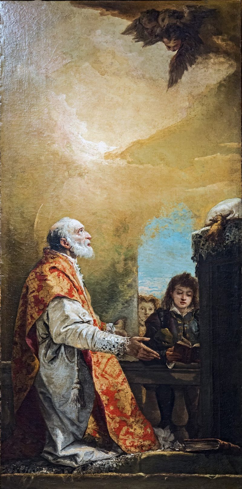Painting of St. Philip Neri kneeling in prayer in red vestments.