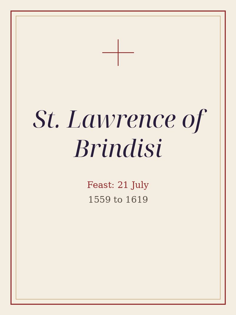 A plain typographic plate: St. Lawrence of Brindisi, with the feast day.