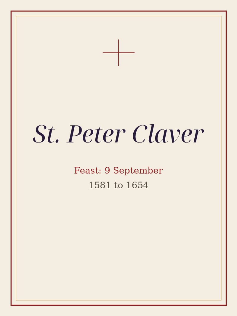 A plain typographic plate: St. Peter Claver, with the feast day.