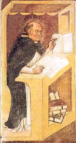 Painting of St. Raymond of Penyafort in a Dominican habit, writing at a desk.