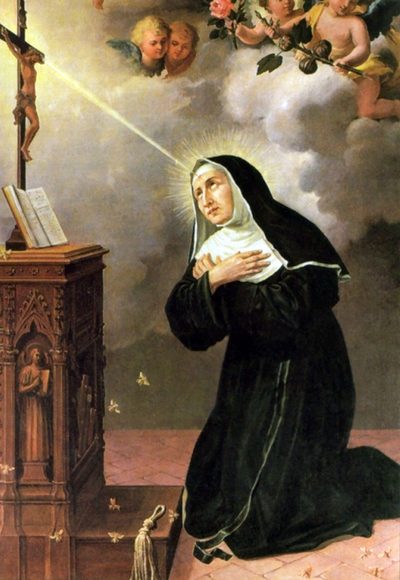 Painting of St. Rita kneeling in a black habit as a ray of light from a crucifix touches her forehead.