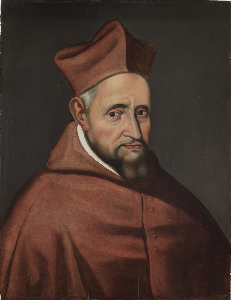 Portrait of St. Robert Bellarmine in a cardinal’s red biretta and cape.