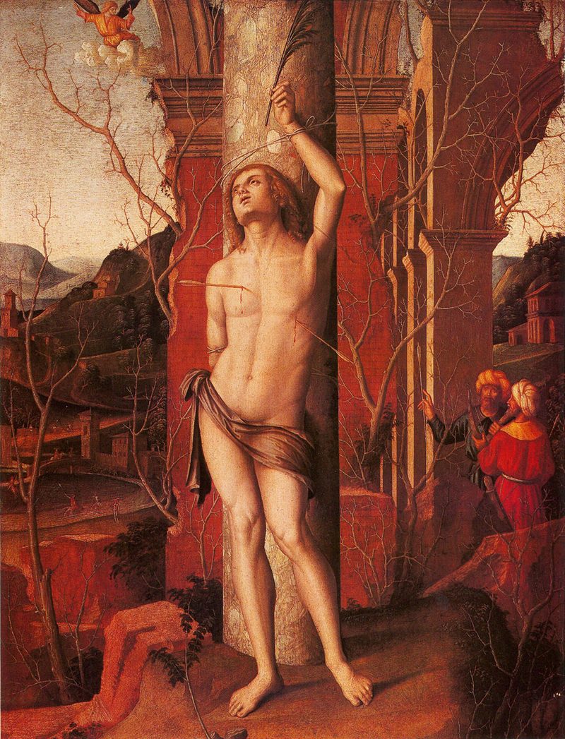 Painting of St. Sebastian tied to a column, pierced by arrows.