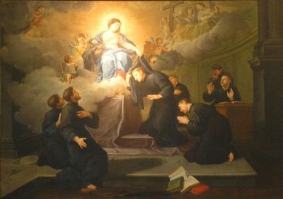 Painting of the seven Servite founders in black habits kneeling before a vision of the Virgin Mary.