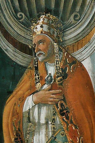 Painting of Pope St. Sixtus II in a papal tiara and red cope, hand on his heart.