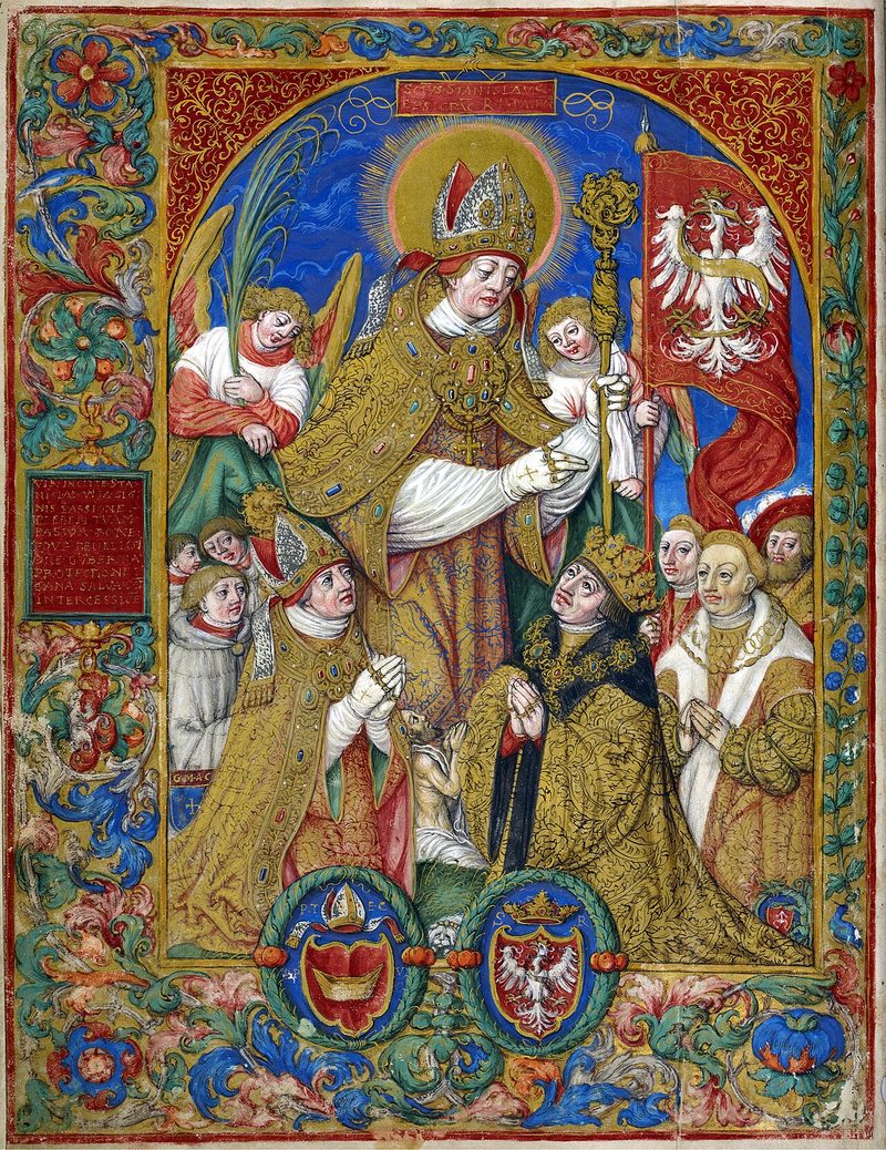 Illuminated manuscript painting of St. Stanislaus as a bishop, surrounded by figures and Polish eagles.