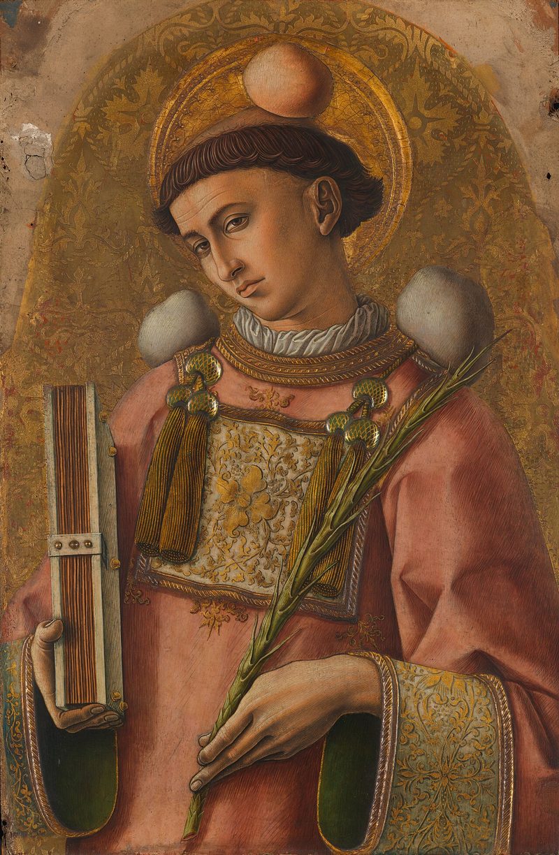 Painting of St. Stephen as a young deacon with a halo, holding a palm branch and a book, stones on his head.