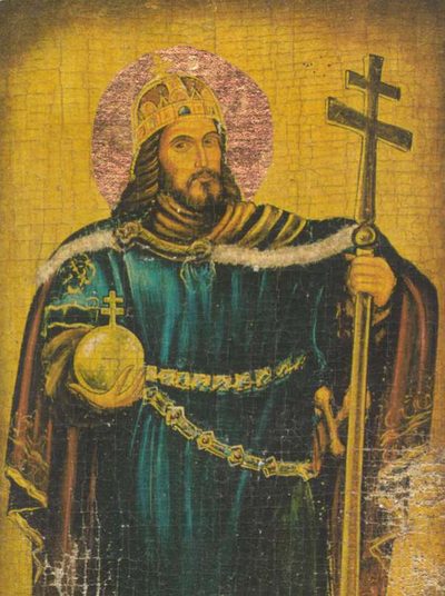 Painting of St. Stephen of Hungary crowned, holding an orb and a double cross.