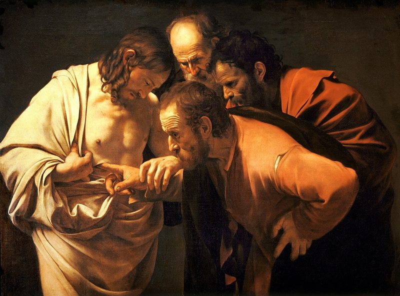 Painting of St. Thomas putting his finger into the wound in the side of the risen Jesus, as two apostles look on.