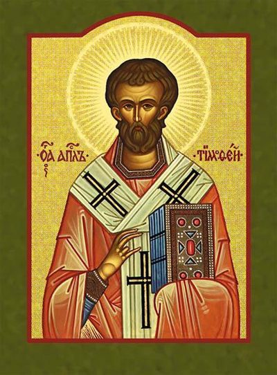 Icon of St. Timothy in bishop’s vestments, holding a Gospel book.
