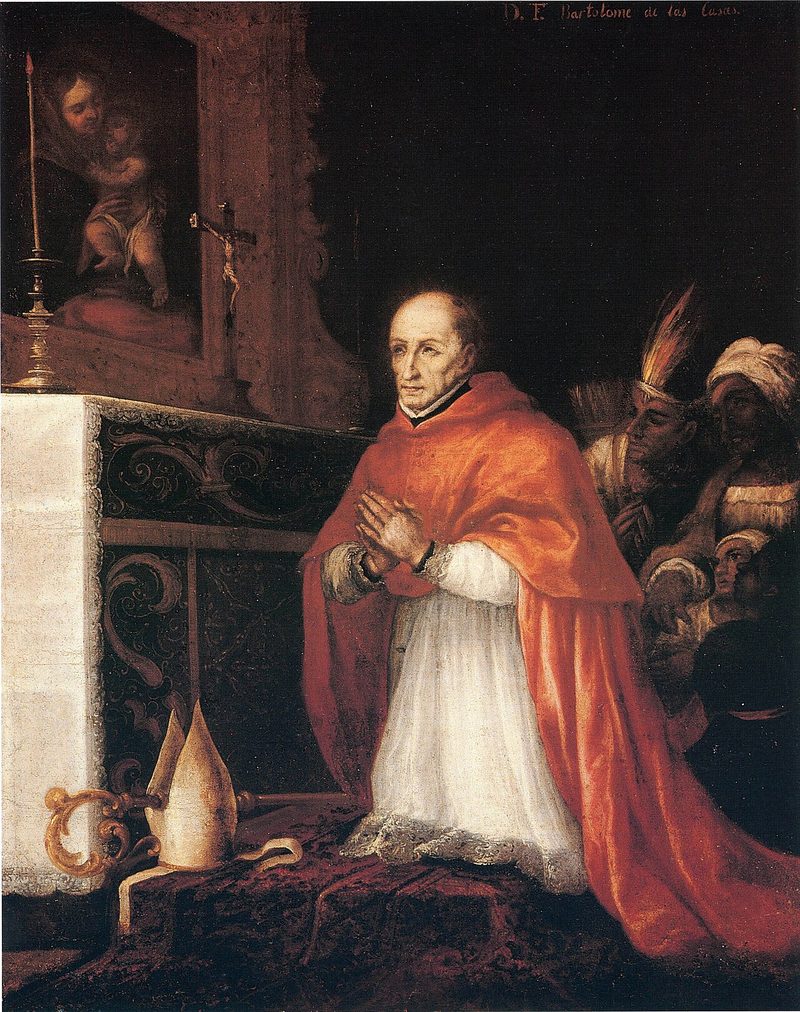 Painting of St. Turibius of Mogrovejo in red, kneeling in prayer before an altar.