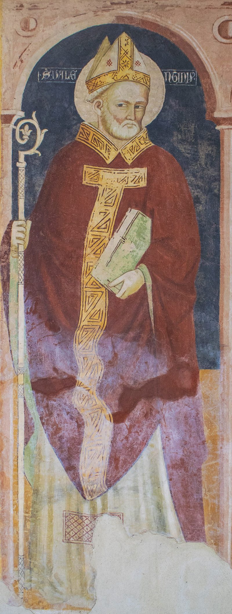 Fresco of St. Valentine as a bishop in a miter and red cope, holding a book.