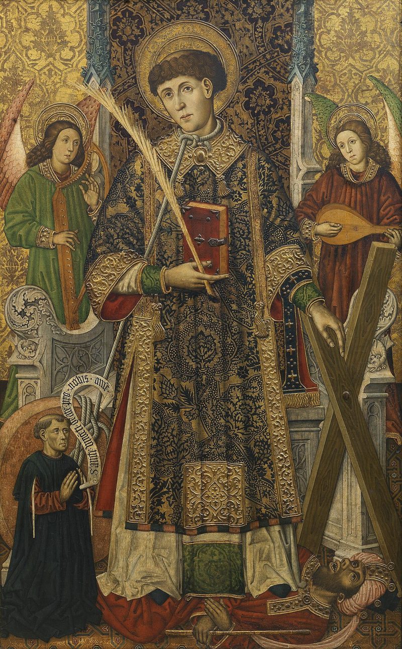 Altarpiece painting of St. Vincent in a deacon’s vestment, holding a palm and a book, with angels.