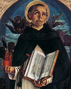 Painting of St. Vincent Ferrer in a Dominican habit, holding an open book and a flame.