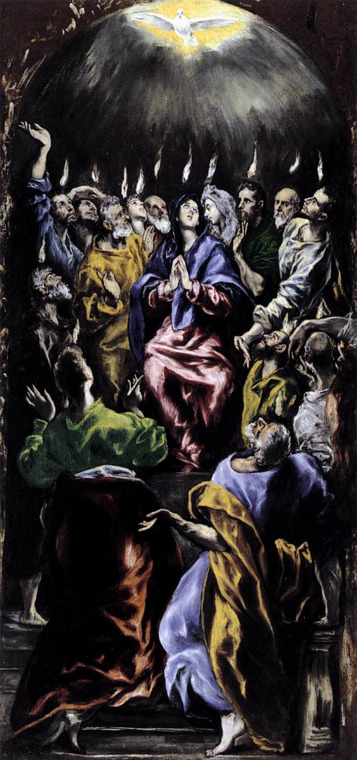 Pentecost, by El Greco: tongues of fire rest on Mary and the apostles as the Holy Spirit descends as a dove.