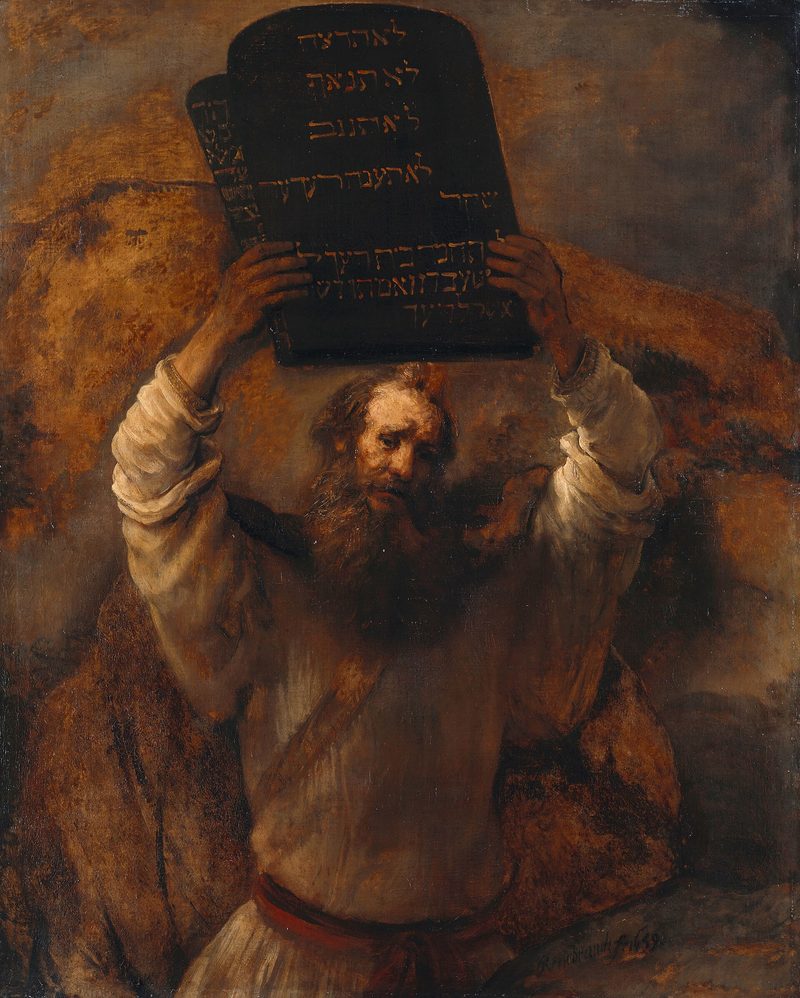 Moses with the Ten Commandments, by Rembrandt: Moses lifts the two stone tablets of the Law above his head.