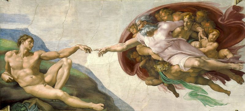 The Creation of Adam, by Michelangelo: God reaches out to give life to Adam, their fingers almost touching.